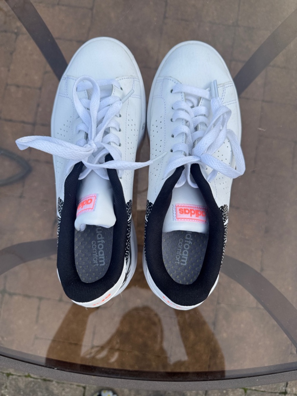 adidas White Sneakers with Black Lining and Pink Tongue Logo